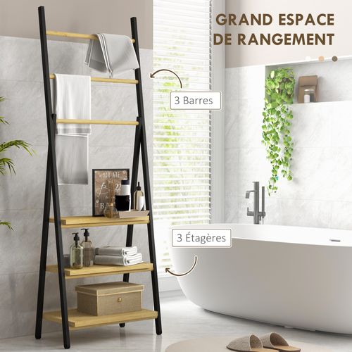 Porte-serviettes Pliable 3 Barres De Suspension Et 3 Étagères En Bambou