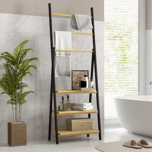 Porte-serviettes Pliable 3 Barres De Suspension Et 3 Étagères En Bambou