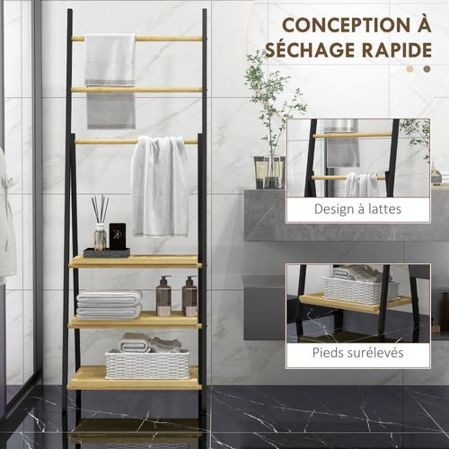 Porte-serviettes Pliable 3 Barres De Suspension Et 3 Étagères En Bambou