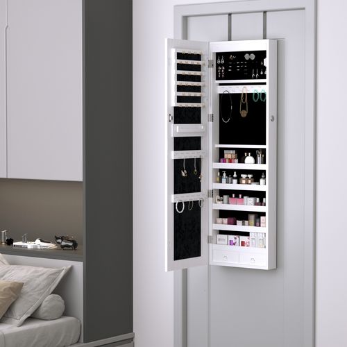 Armoire à Bijoux Miroir à Suspendre 2 En 1 - Éclairage LED Intérieur, Verrouillable - Blanc