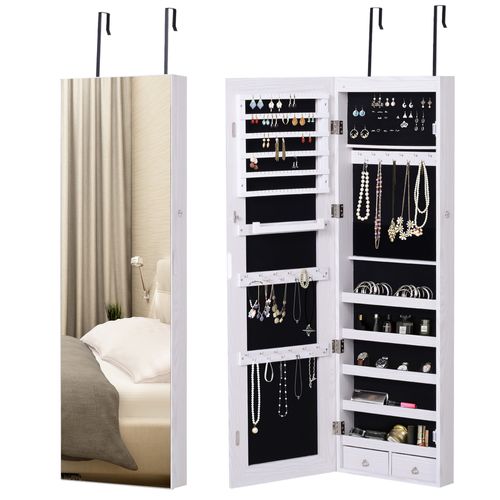 Armoire à Bijoux Miroir à Suspendre 2 En 1 - Éclairage LED Intérieur, Verrouillable - Blanc