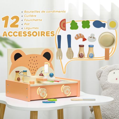 Mini-cuisine En Bois Cuisine Enfant Motif Renard 12 Accessoires - Pour 3-5 Ans
