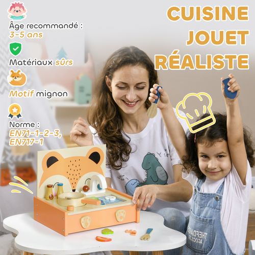 Mini-cuisine En Bois Cuisine Enfant Motif Renard 12 Accessoires - Pour 3-5 Ans