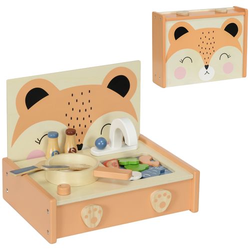 Mini-cuisine En Bois Cuisine Enfant Motif Renard 12 Accessoires - Pour 3-5 Ans
