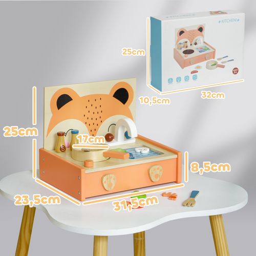 Mini-cuisine En Bois Cuisine Enfant Motif Renard 12 Accessoires - Pour 3-5 Ans