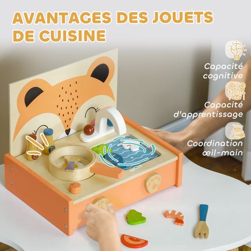 Mini-cuisine En Bois Cuisine Enfant Motif Renard 12 Accessoires - Pour 3-5 Ans