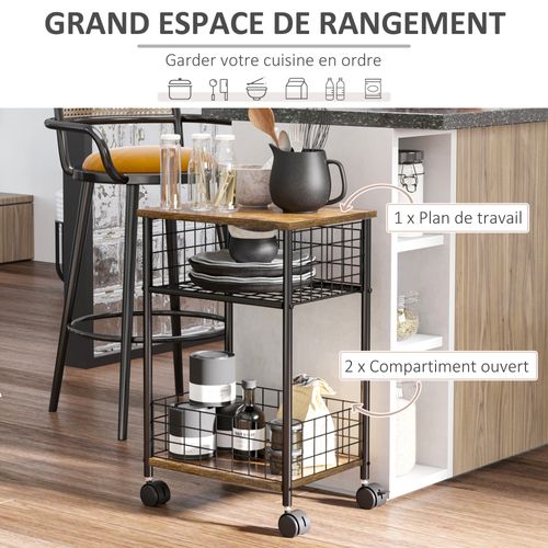 Desserte Cuisine Design Industriel Acier Noir Aspect Bois Vieilli