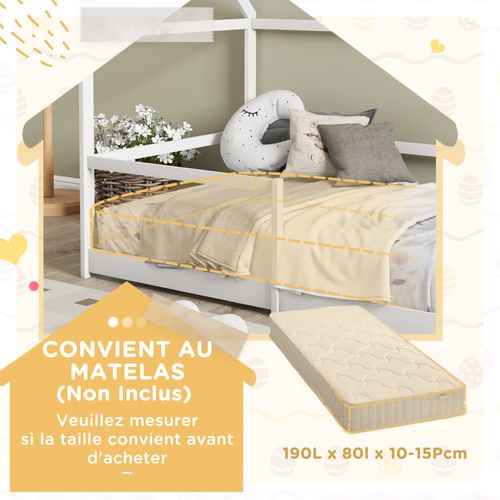 Lit Cabane Enfant 90x190cm - Sommier, Barrière Inclus - Bois