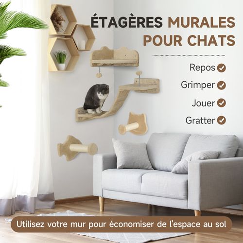 Arbre à Chat Mural - Étagères Murales Chat - Parcours Mural 4 Pièces - Beige