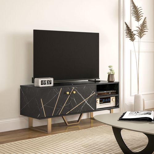 Meuble TV Design Métal Doré Aspect Marbre Noir