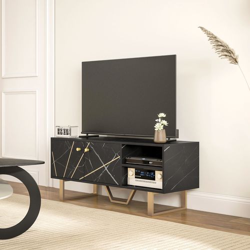Meuble TV Design Métal Doré Aspect Marbre Noir