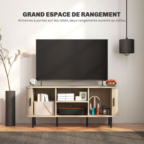 Meuble TV Style Scandinave - 2 Portes, 2 Niches - Acier Noir Aspect Bois Clair