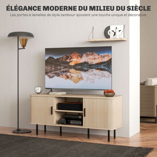 Meuble TV Style Scandinave - 2 Portes, 2 Niches - Acier Noir Aspect Bois Clair