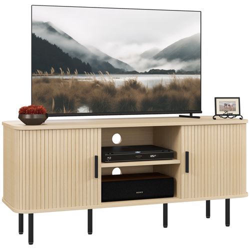 Meuble TV Style Scandinave - 2 Portes, 2 Niches - Acier Noir Aspect Bois Clair