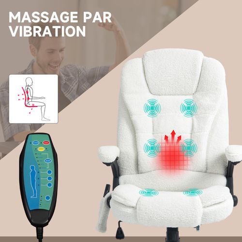 Fauteuil De Bureau Direction Massant Chauffant Effet Laine Bouclée Blanc