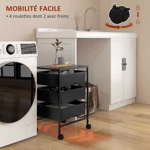 Chariot De Rangement 4 Niveaux - 3 Paniers Et Plateau - Acier Pp