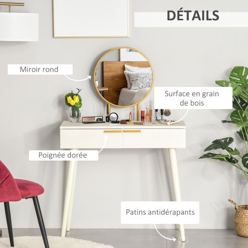 Coiffeuse Miroir Rond Style Art Déco - 2 Tiroirs - Métal Doré Effet Bois Blanc