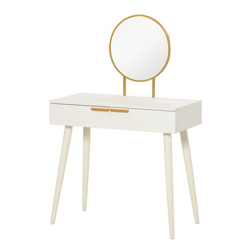 Coiffeuse Miroir Rond Style Art Déco - 2 Tiroirs - Métal Doré Effet Bois Blanc