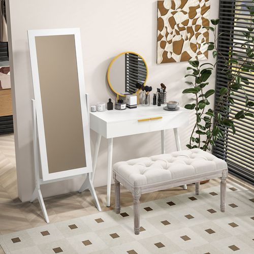 Coiffeuse Miroir Rond Style Art Déco - 2 Tiroirs - Métal Doré Effet Bois Blanc