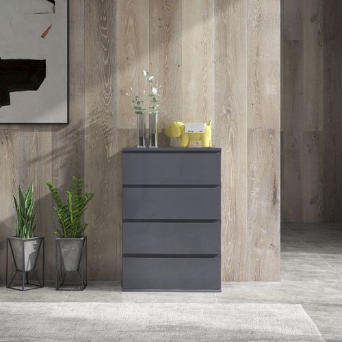 Commode 5 Tiroirs Style Contemporain Laqué Gris