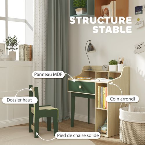 Ensemble Bureau Chaise Enfant Style Néo-rétro - Tiroir, Étagère, 5 Niches - Aspect Bois Vert