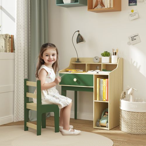 Ensemble Bureau Chaise Enfant Style Néo-rétro - Tiroir, Étagère, 5 Niches - Aspect Bois Vert
