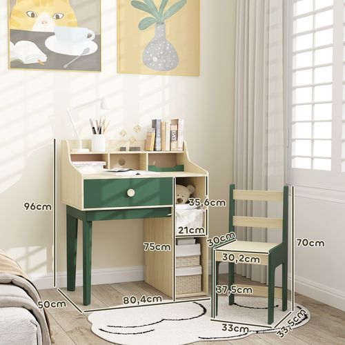 Ensemble Bureau Chaise Enfant Style Néo-rétro - Tiroir, Étagère, 5 Niches - Aspect Bois Vert