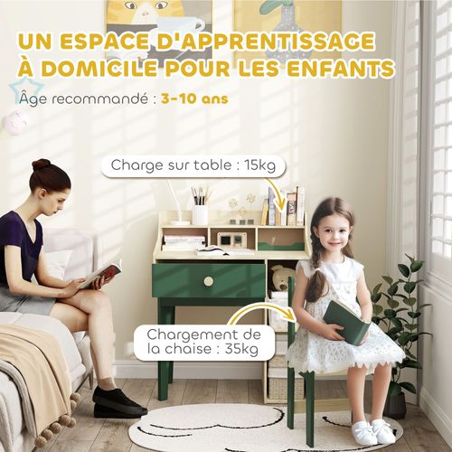 Ensemble Bureau Chaise Enfant Style Néo-rétro - Tiroir, Étagère, 5 Niches - Aspect Bois Vert