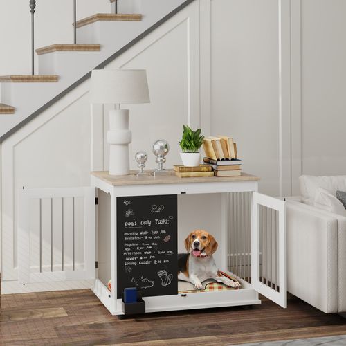Cage Pour Chien Intérieur Design - 2 Portes - Tableau Noir Craie - Barreaux Acier