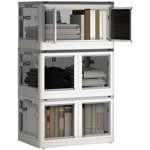 Ensemble De 3 Boîtes De Rangement 69l Pliables Empilables Blanc Gris