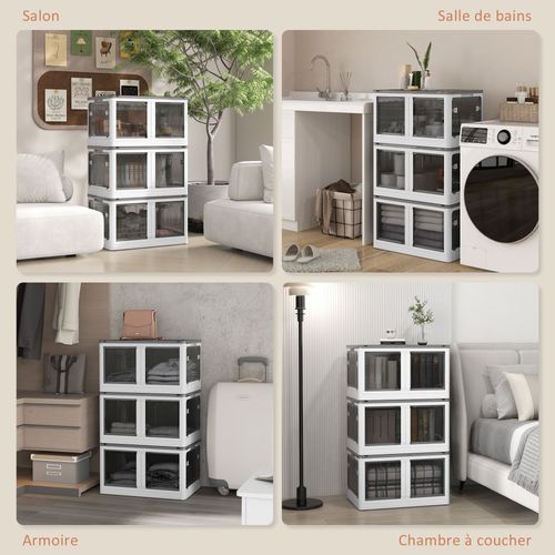 Ensemble De 3 Boîtes De Rangement 69l Pliables Empilables Blanc Gris