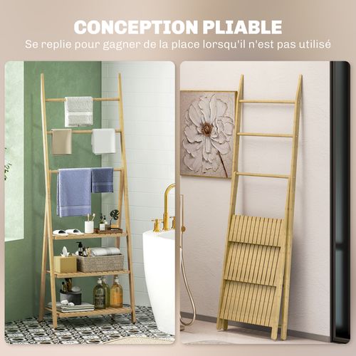 Porte-serviettes Pliable Style Cosy Bambou Verni 3 Barres 3 Étagères H.153cm