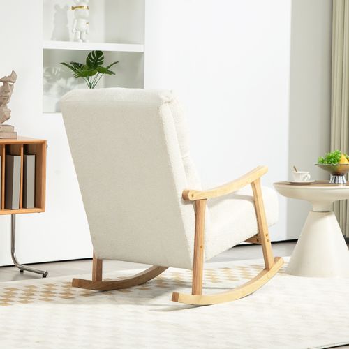 Fauteuil à Bascule Style Nordique Bouclette Bois Hévéa Verni Crème