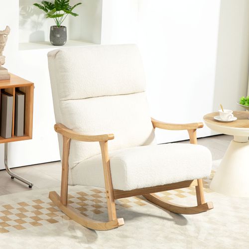Fauteuil à Bascule Style Nordique Bouclette Bois Hévéa Verni Crème