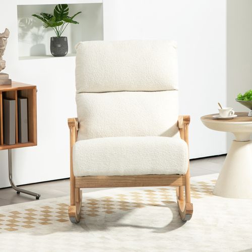 Fauteuil à Bascule Style Nordique Bouclette Bois Hévéa Verni Crème