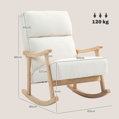 Fauteuil à Bascule Style Nordique Bouclette Bois Hévéa Verni Crème