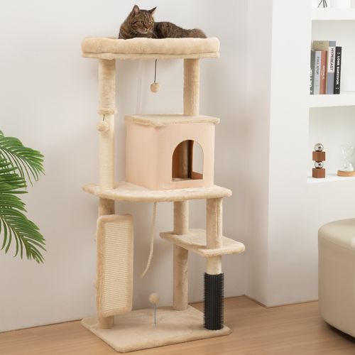 Arbre à Chat Design Beige H.132cm Bande Massante Griffoirs Nombreux Jouets