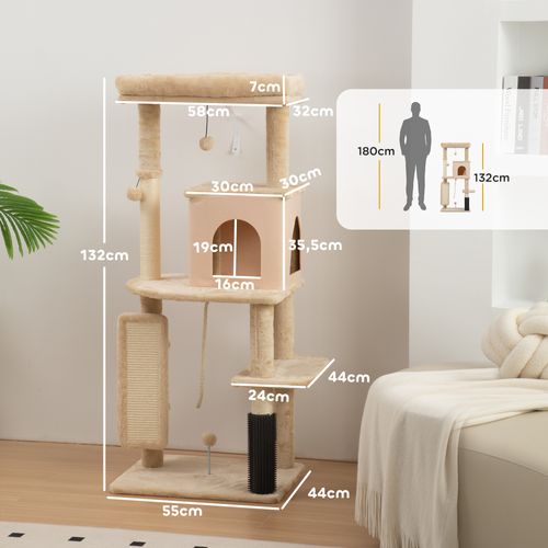 Arbre à Chat Design Beige H.132cm Bande Massante Griffoirs Nombreux Jouets