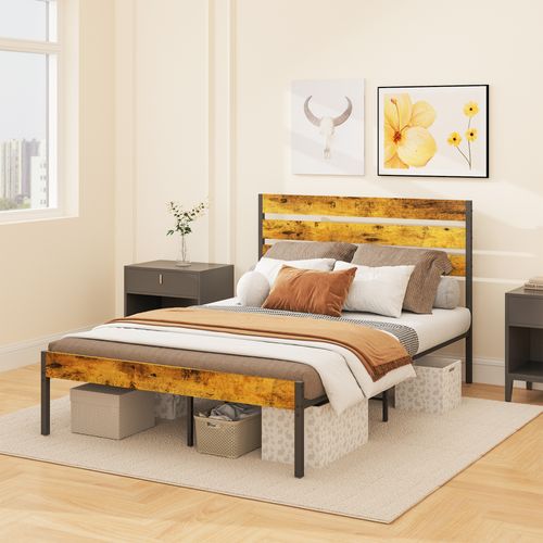 Lit Double Design Industriel - Tête et Pied De Lit, Sommier - Acier Aspect Bois Vieilli 90x190 cm