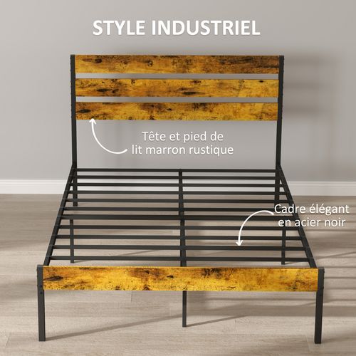 Lit Double Design Industriel - Tête et Pied De Lit, Sommier - Acier Aspect Bois Vieilli 90x190 cm
