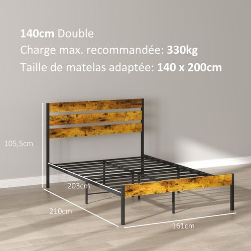 Lit Double Design Industriel - Tête et Pied De Lit, Sommier - Acier Aspect Bois Vieilli 90x190 cm