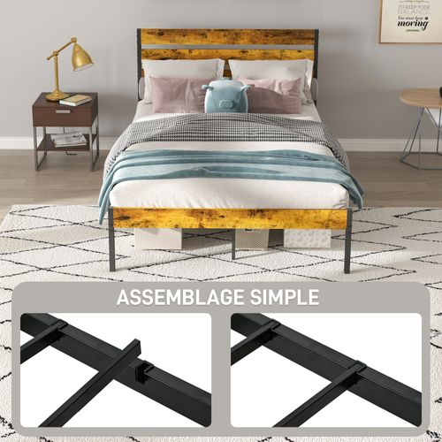 Lit Double Design Industriel - Tête et Pied De Lit, Sommier - Acier Aspect Bois Vieilli 90x190 cm