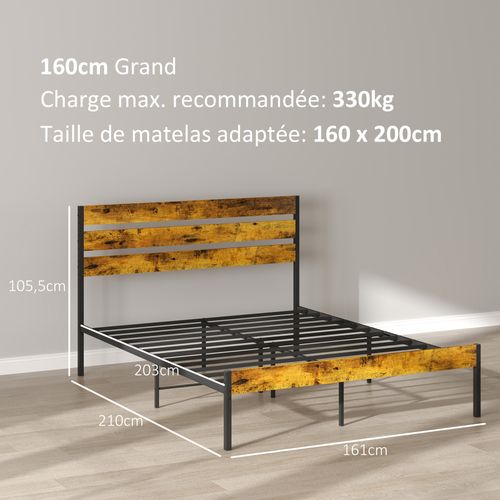 Lit Double Design Industriel - Tête De Lit, Pied De Lit, Sommier - Acier Aspect Bois Vieilli