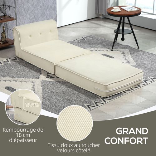 Matelas Lit Fauteuil Futon Chauffeuse Pliable L.195 Cm Velours Côtelé Crème