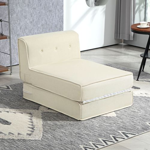 Matelas Lit Fauteuil Futon Chauffeuse Pliable L.195 Cm Velours Côtelé Crème