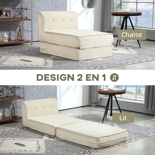 Matelas Lit Fauteuil Futon Chauffeuse Pliable L.195 Cm Velours Côtelé Crème