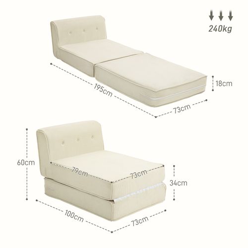 Matelas Lit Fauteuil Futon Chauffeuse Pliable L.195 Cm Velours Côtelé Crème