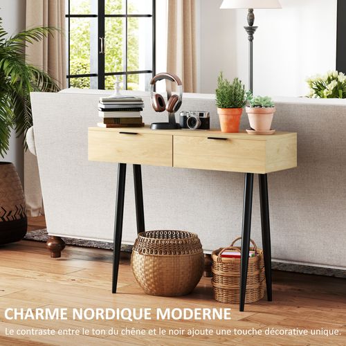 Console Style Nordique 2 Tiroirs Métal Noir Effet Bois Clair