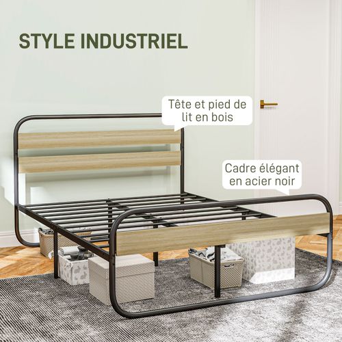 Lit Double - Tête De Lit, Pied De Lit, Sommier - Acier Noir Aspect Chêne Clair 90x190 cm