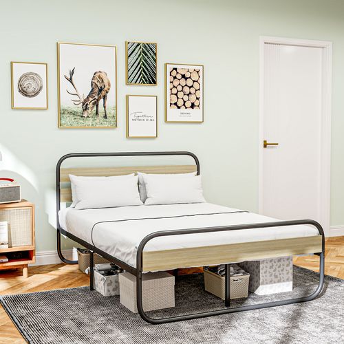 Lit Double - Tête De Lit, Pied De Lit, Sommier - Acier Noir Aspect Chêne Clair 90x190 cm